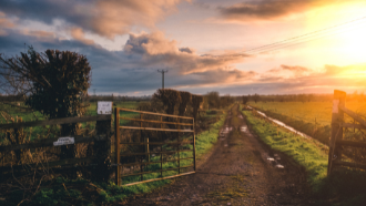 sunset illuminating an open gate to a dirt road and fields