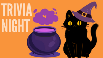 'trivia night' cauldron and black cat with witch's hat
