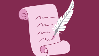 scroll and quill graphic on plum colored background