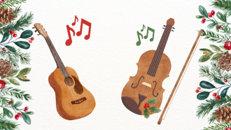 guitar and violin with music notes, boarded by pinecones, holly, greenery