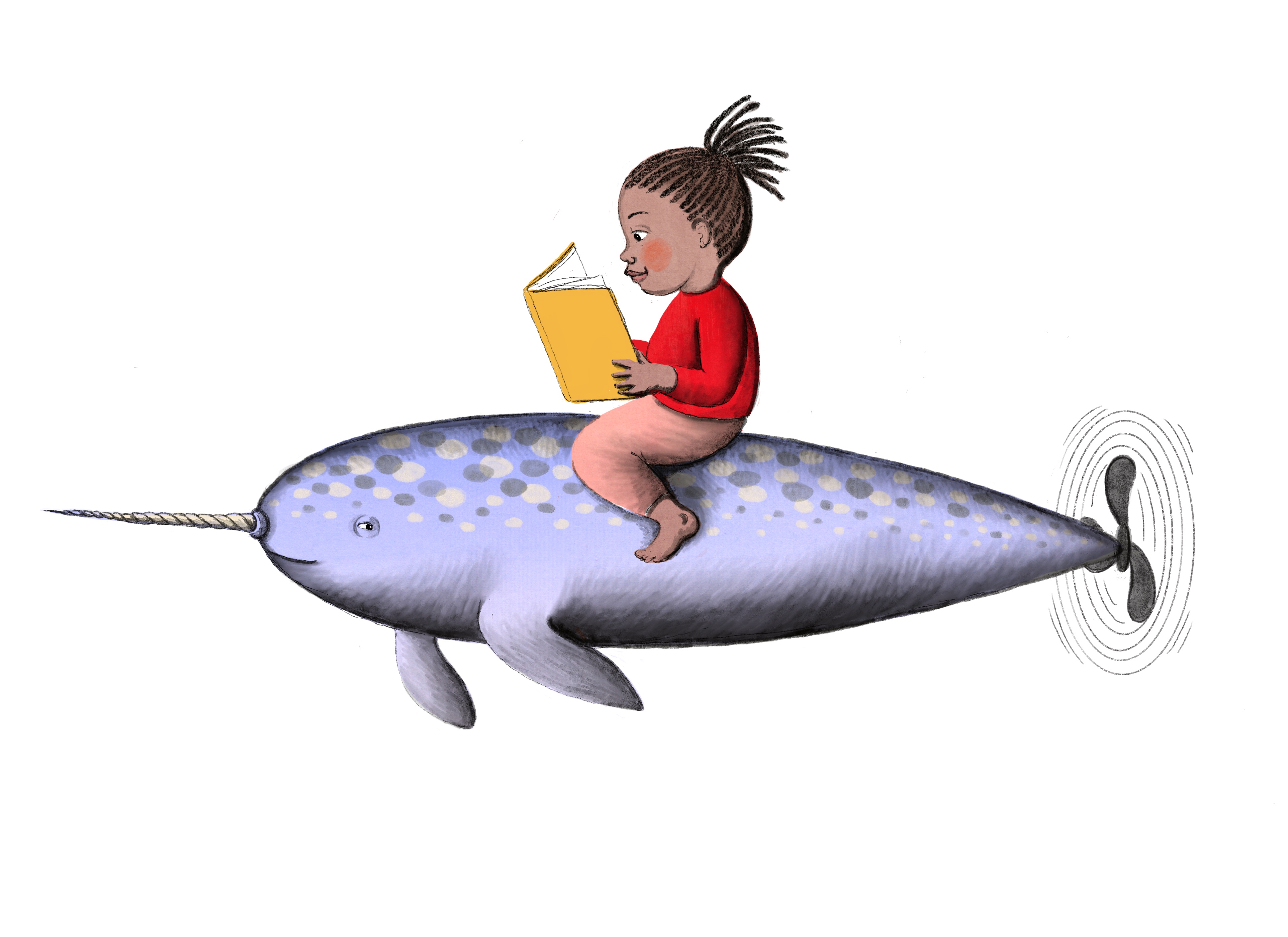 girl reading a book riding a narwhal